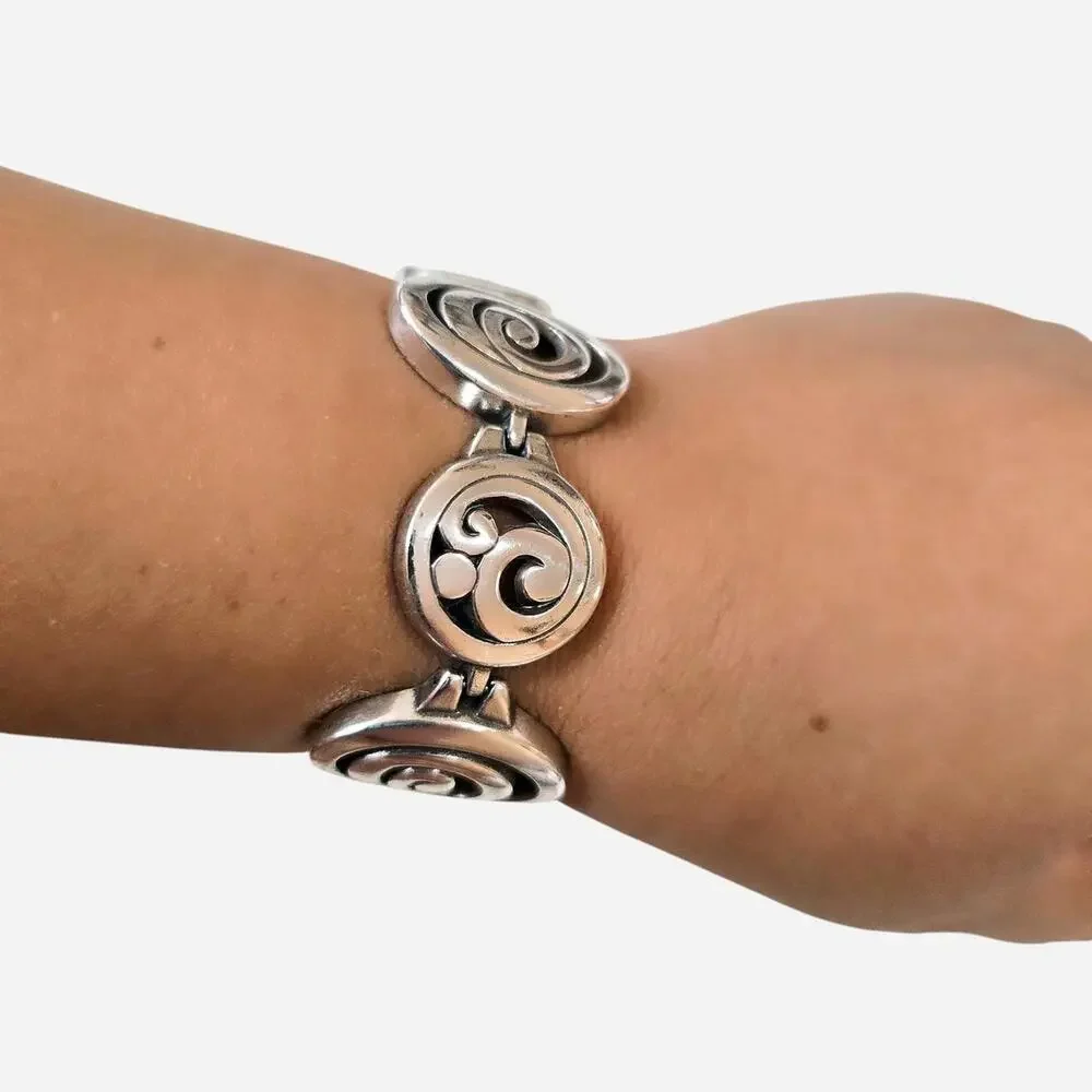Vintage Brighton Retired Silvertone Spiral Scroll Panel Bracelet